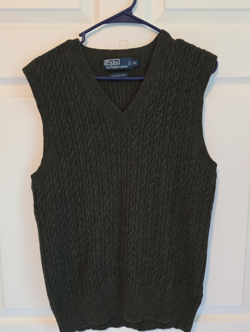 Polo Ralph Lauren Dark Green Cable Knit V-Neck Sweater Vest Y2K XL Merino Wool